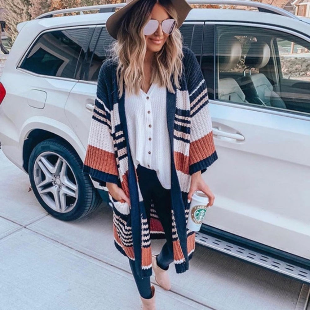 New Cozy Stripped Long Cardigan Sweater Coat - Picture 4 of 8